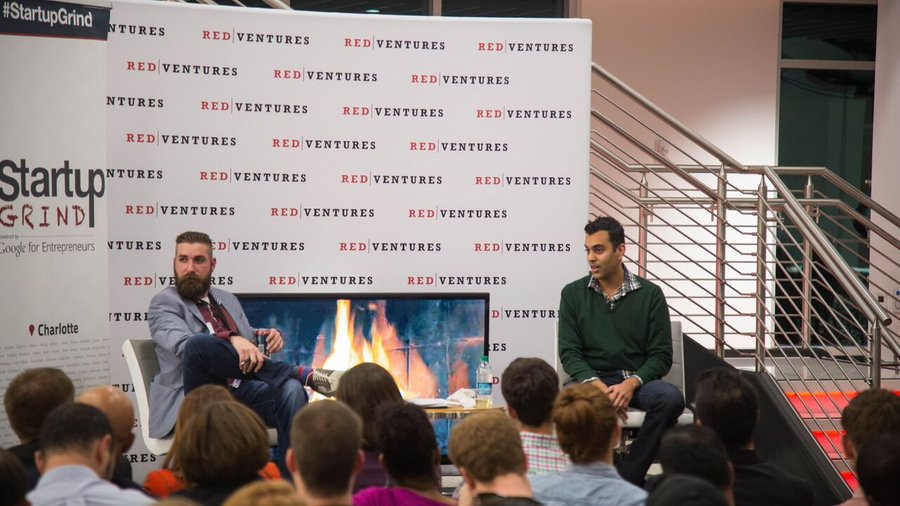 Jeff Brokaw, at left, interviewing a guest at Startup Grind Charlotte