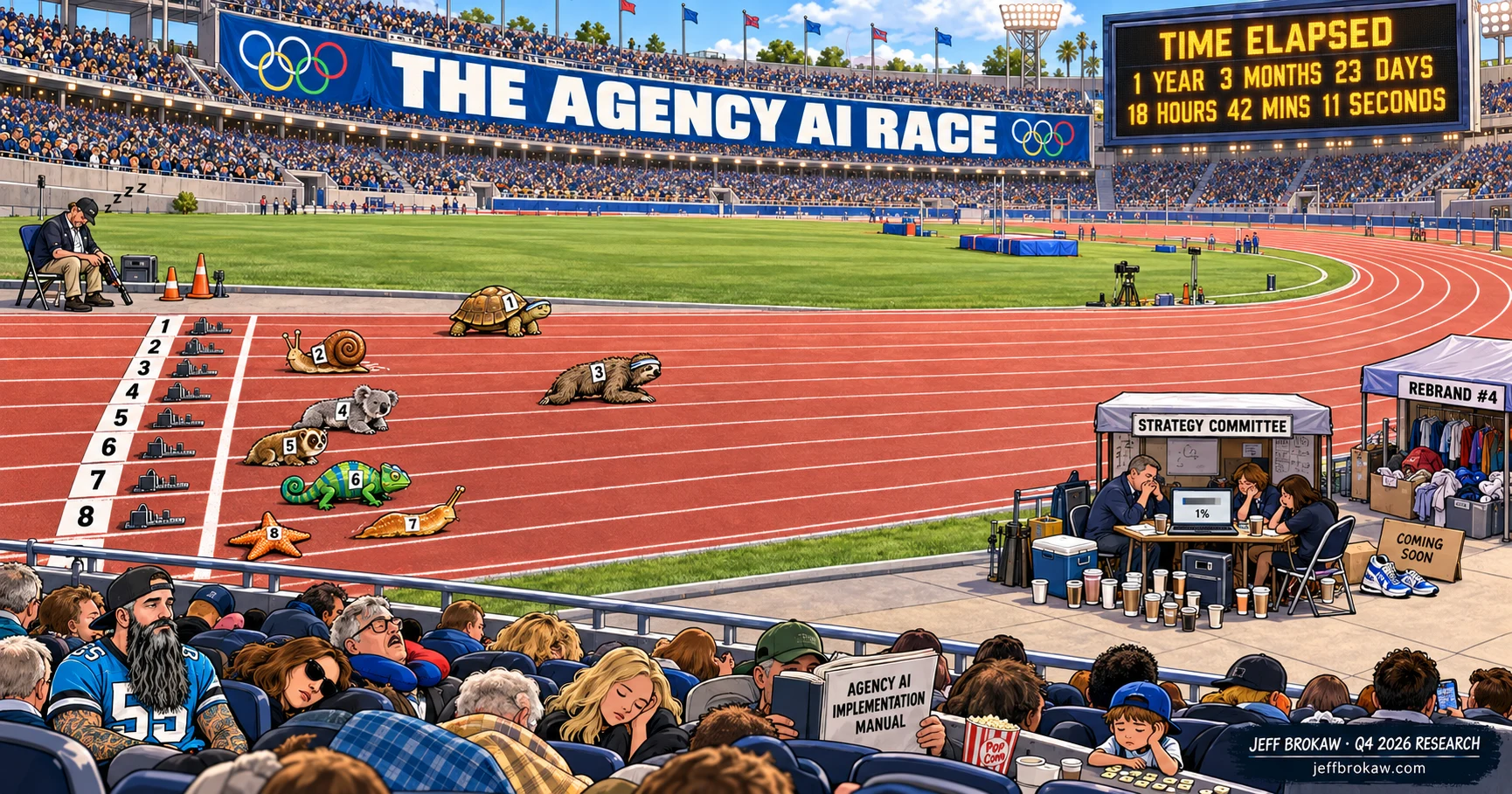 Editorial illustration of the Agency AI Race: slow animal racers on a stadium track, a bored crowd and an elapsed-time scoreboard.